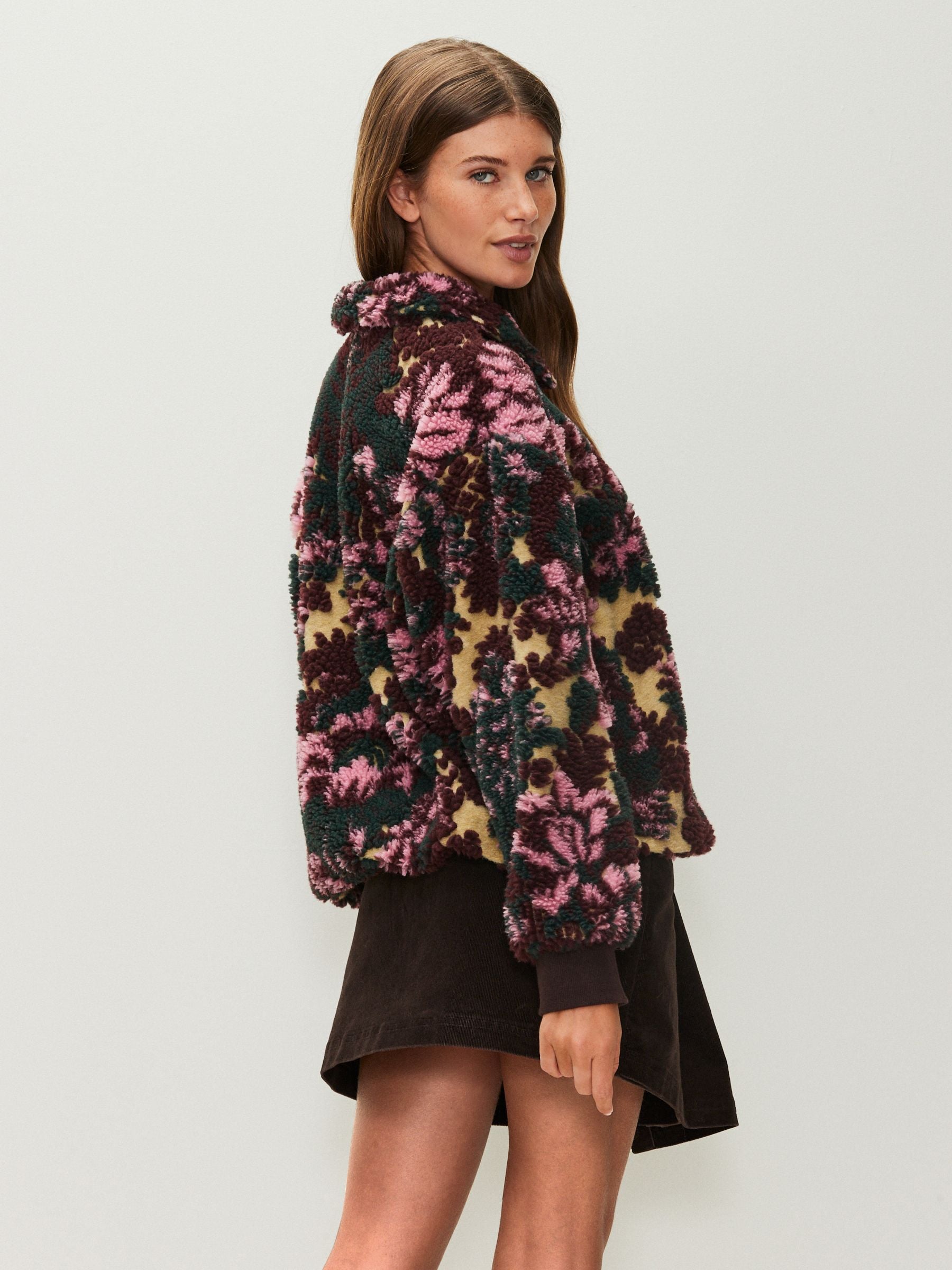 Buy Green Floral Jacquard Teddy Borg Quarter Zip Fleece Sweatshirt