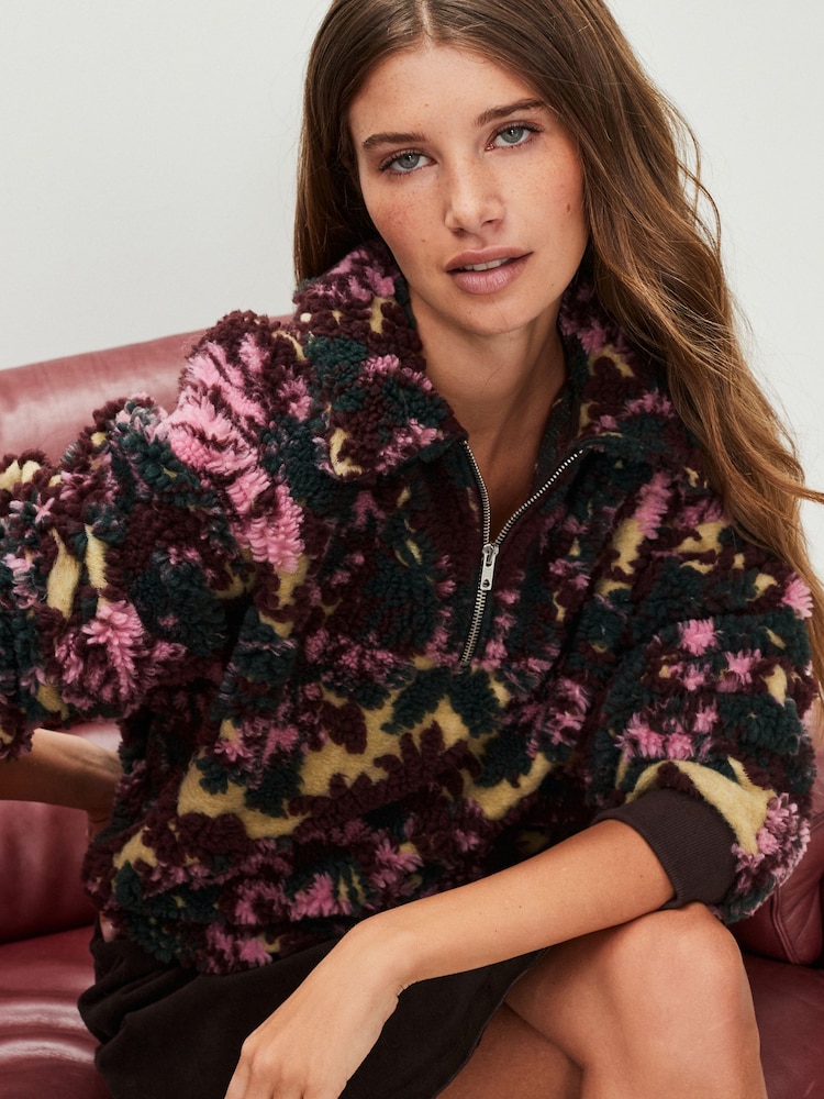 Dames Super Zachte Teddy Fleece met Print in Mono Aztec gebroken wit | NL