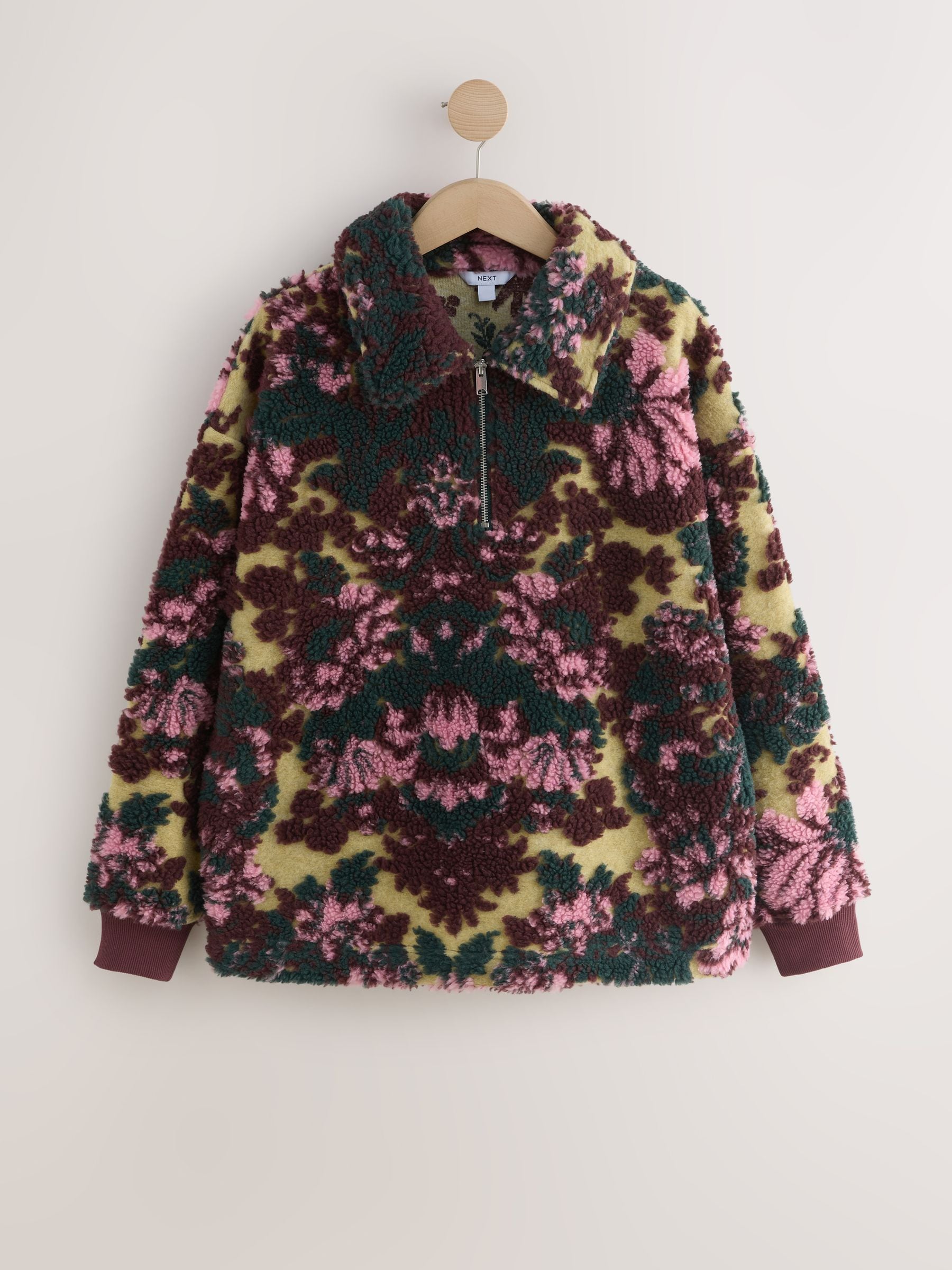 Buy Green Floral Jacquard Teddy Borg Quarter Zip Fleece Sweatshirt