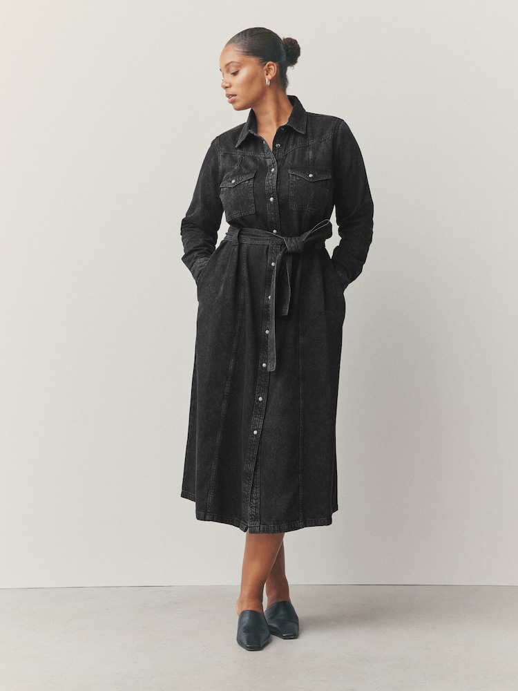 أسود - Fuller Bust Denim Maxi Shirt Dress - صورة 1 من 6 أسود - Fuller Bust Denim Maxi Shirt Dress - صورة 1 من 6