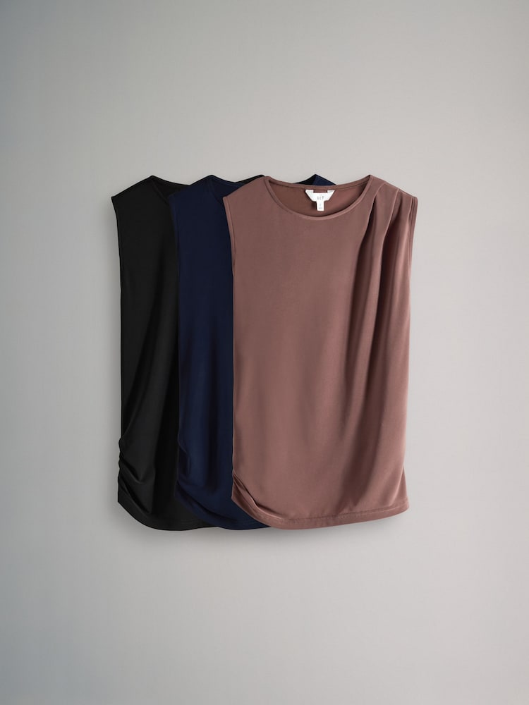 Black/Navy Blue/Neutral Draped Sleeveless Tops 3 Pack - Image 2 of 11 Black/Navy Blue/Neutral Draped Sleeveless Tops 3 Pack - Image 2 of 11