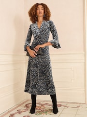 Love & Roses Blue Animal Petite Burnout Ruffle V-Neck Midi Dress - Image 1 of 4