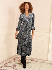 Love & Roses Blue Animal Petite Burnout Ruffle V-Neck Midi Dress - Image 3 of 4