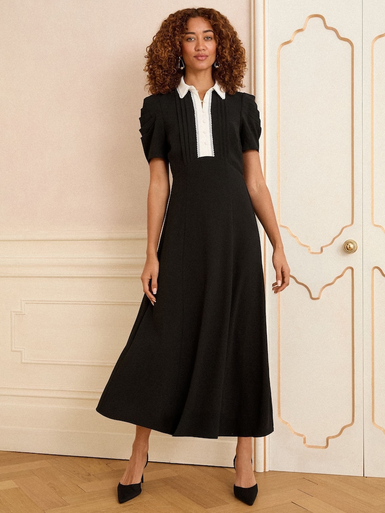 Love & Roses Black Petite Contrast Collar Midi Shirt Dress - Image 1 of 4