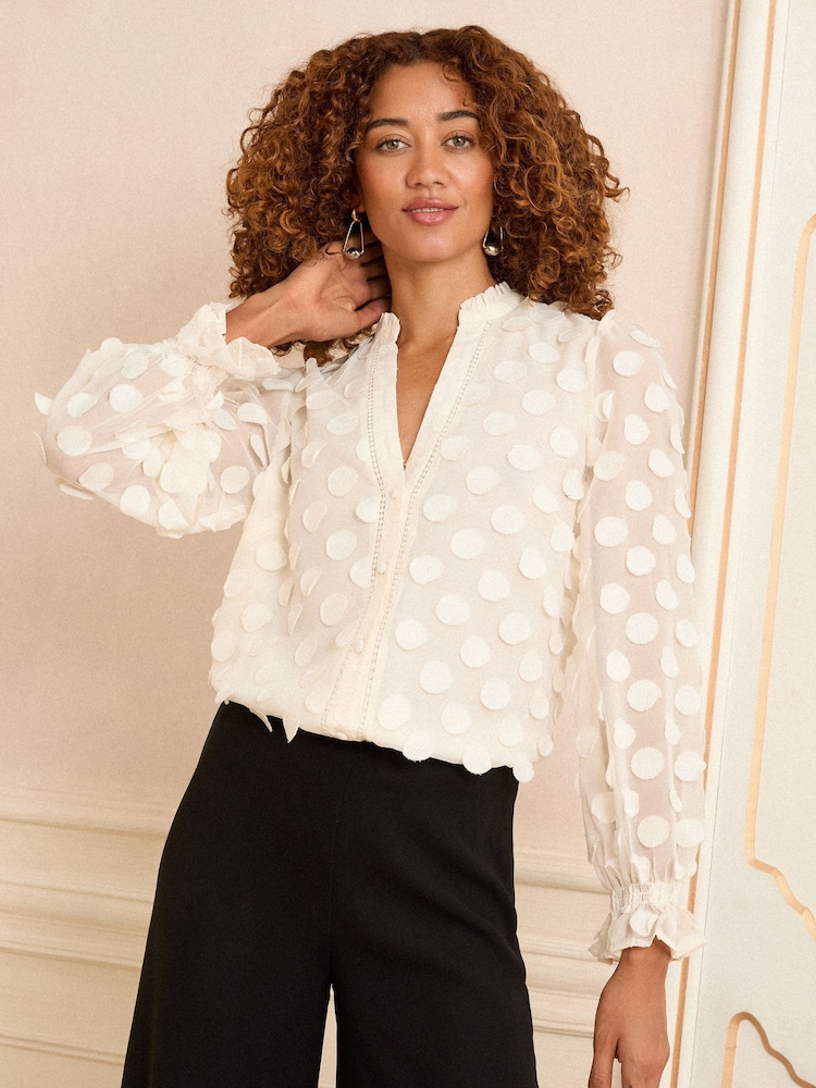 Love & Roses White Ecru Petite 3D Spot Long Sleeve Blouse - Image 1 of 4