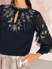 Love & Roses Navy Blue Petite RO Crew Neck Embellished Long Sleeve Blouse - Image 2 of 4