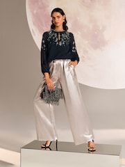 Love & Roses Navy Blue Petite RO Crew Neck Embellished Long Sleeve Blouse - Image 3 of 4