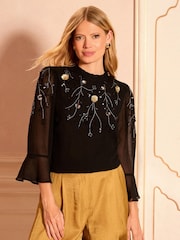 Love & Roses Black Gold Petite Embellished 3/4 Flute Sleeve Blouse - Image 1 of 4