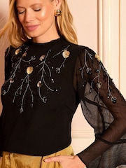 Love & Roses Black Gold Petite Embellished 3/4 Flute Sleeve Blouse - Image 2 of 4