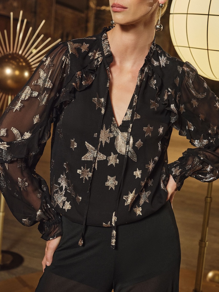Love & Roses Black Cosmic Print Petite RO Metallic Cape Long Sleeve Top - Image 2 of 4