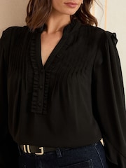 Preto - Love & Roses V-Neck Pintuck Detail Long Sleeve Blouse - Imagem 2 de 4