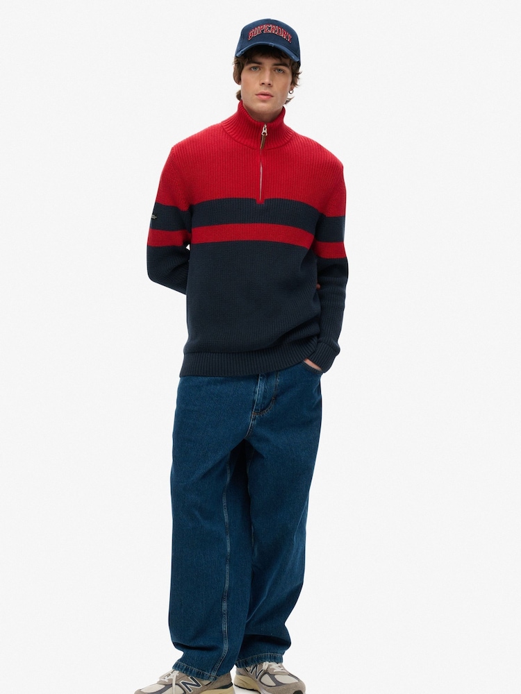 Superdry Blue 100% Cotton Classic Stripe Half Zip Jumper - Image 1 of 4 Superdry Blue 100% Cotton Classic Stripe Half Zip Jumper - Image 1 of 4