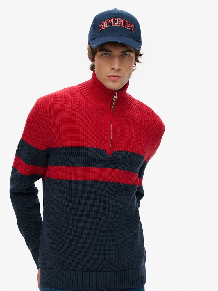 Superdry Blue 100% Cotton Classic Stripe Half Zip Jumper - Image 2 of 4 Superdry Blue 100% Cotton Classic Stripe Half Zip Jumper - Image 2 of 4
