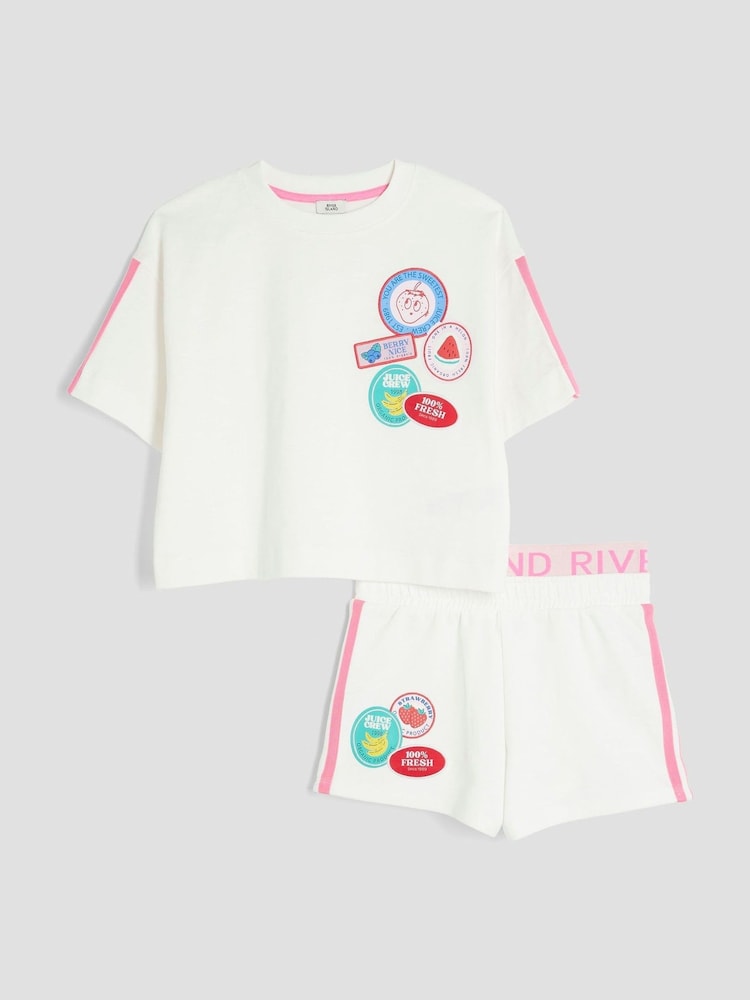 River Island White Girls 100% Cotton Badged Runner Set - Image 1 of 4