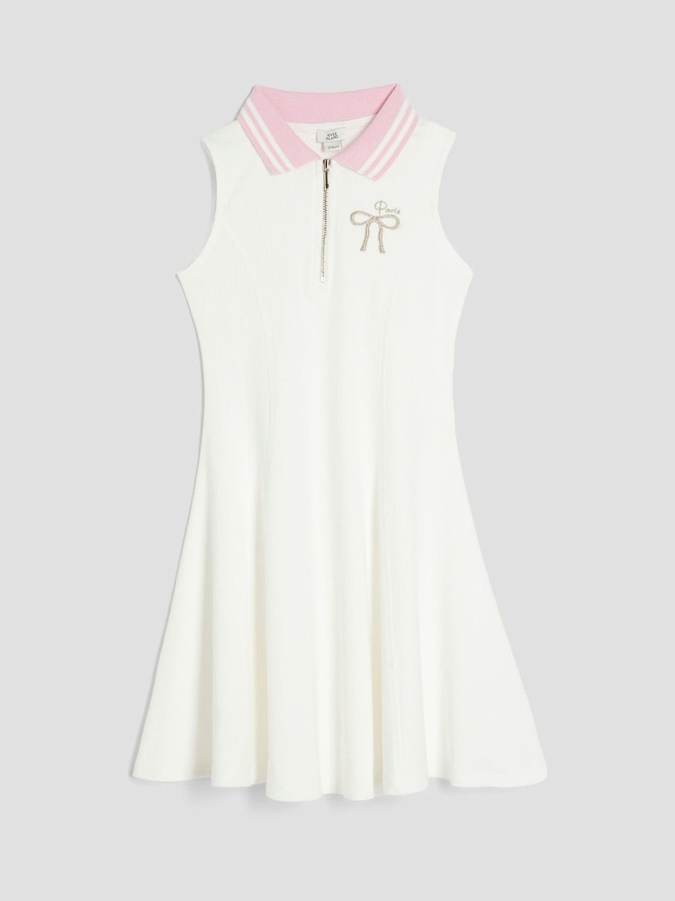 River Island Cream Girls Sleeveless Bow Collar Dress - Image 1 of 4 River Island Cream Girls Sleeveless Bow Collar Dress - Image 1 of 4
