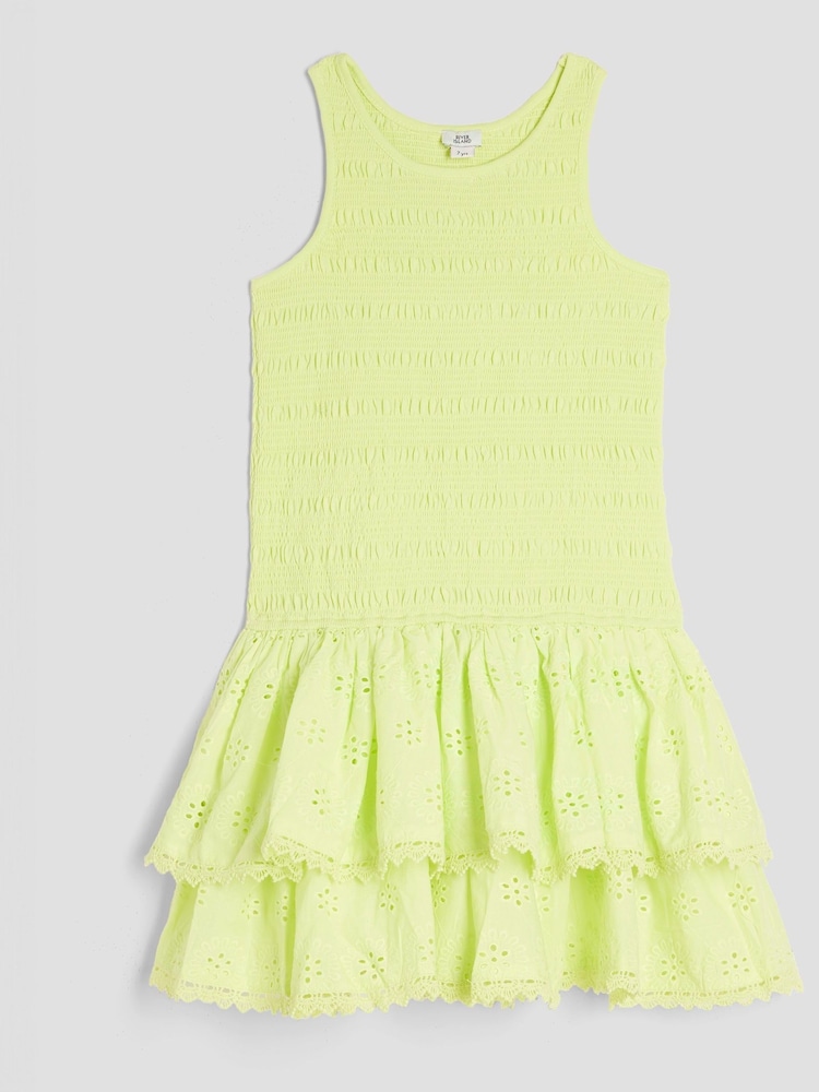 River Island Green Girls 100% Cotton Shirred Broderie Rara Dress - Image 1 of 4