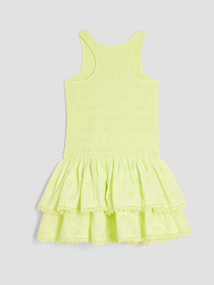 River Island Green Girls 100% Cotton Shirred Broderie Rara Dress - Image 2 of 4