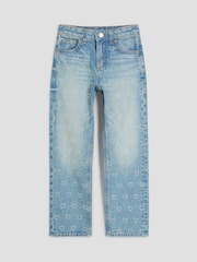 River Island Girls Denim Heart Diamonte Straight 100% Cotton Jeans - Imagen 1 de 4