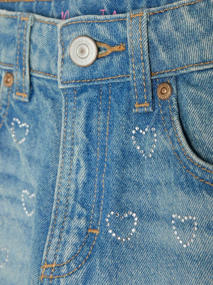 River Island Blue Girls Denim Heart Diamonte Straight 100% Cotton Jeans - Image 3 of 4