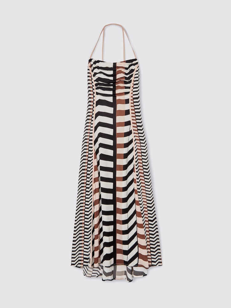 Reiss Black/Brown Georgie Chevron-Stripe Ruched Midi Dress - Image 2 of 6