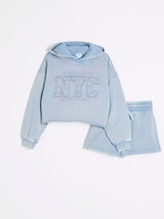 River Island Blue Girls Washed Short 100% Cotton Sweat Set - Image 1 of 5