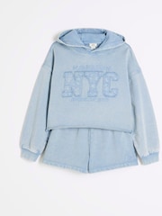 River Island Blue Girls Washed Short 100% Cotton Sweat Set - Image 3 of 5