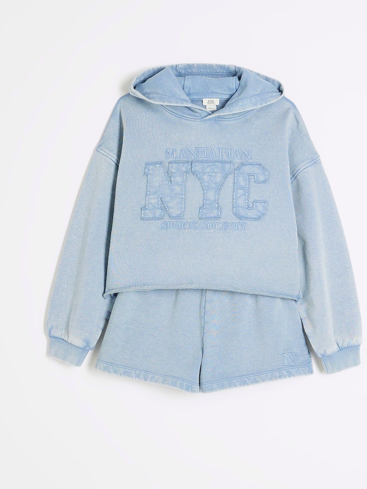 River Island Blue Girls Washed Short 100% Cotton Sweat Set - Image 3 of 5