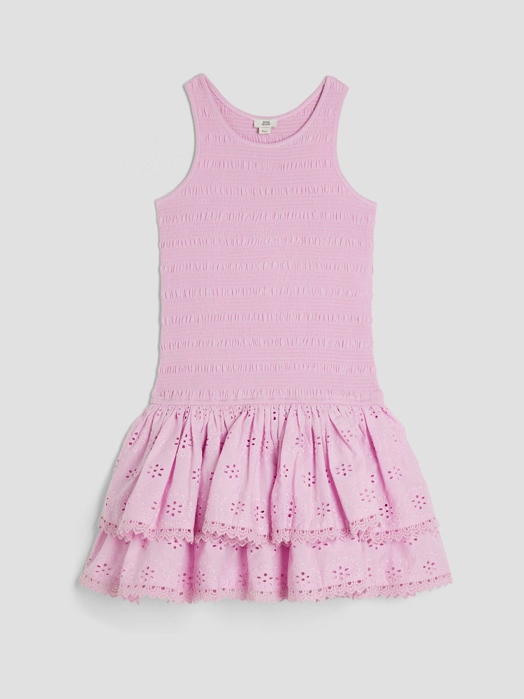 River Island Purple Girls Shirred Broderie Rara 100% Cotton Dress - Image 1 of 4