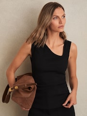 Reiss Black Jody Stretch-Cotton Ribbed Asymmetric Vest - Image 1 of 6