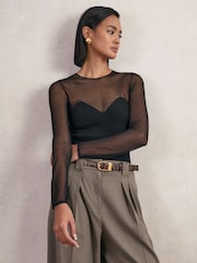 Reiss Black Margot Mesh Knit Sweetheart Long-Sleeve Top - Image 1 of 6