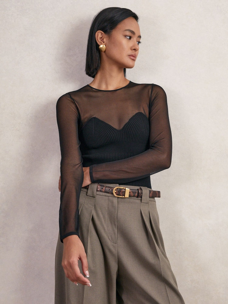 Reiss Black Margot Mesh Knit Sweetheart Long-Sleeve Top - Image 1 of 6