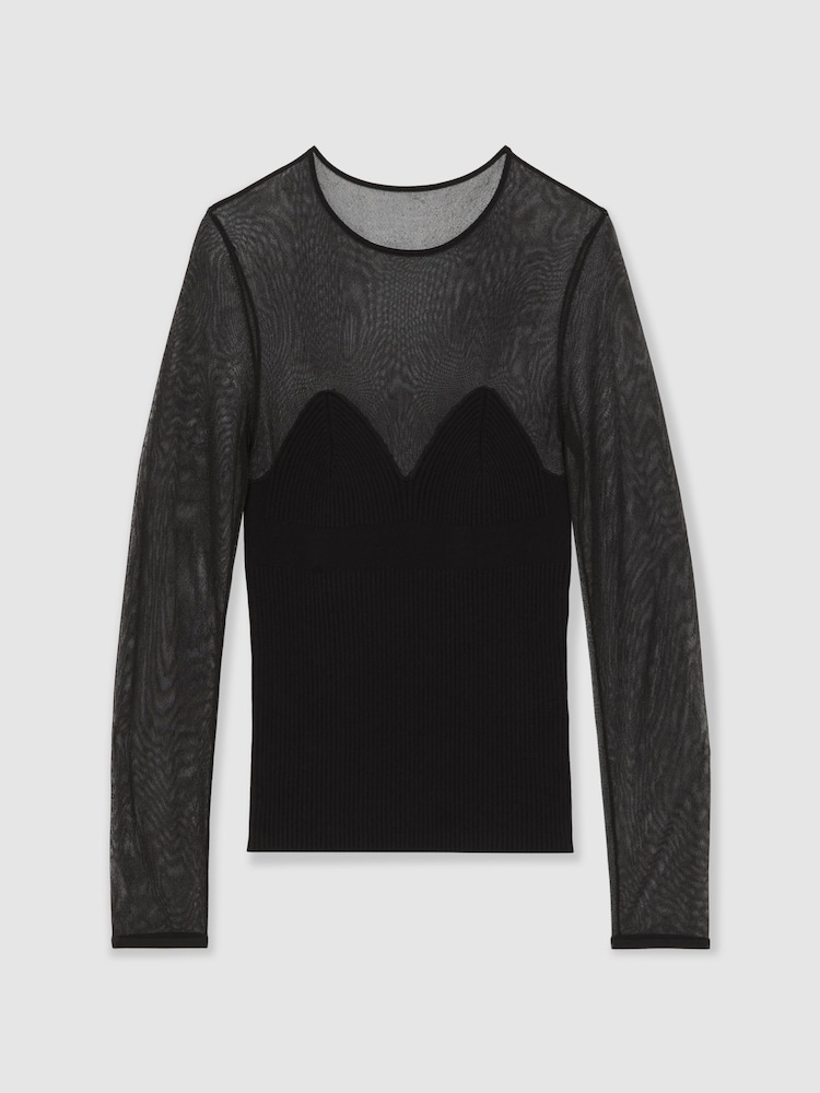 Reiss Black Margot Mesh Knit Sweetheart Long-Sleeve Top - Image 2 of 6