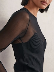 Reiss Black Margot Mesh Knit Sweetheart Long-Sleeve Top - Image 4 of 6