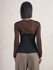 Reiss Black Margot Mesh Knit Sweetheart Long-Sleeve Top - Image 5 of 6