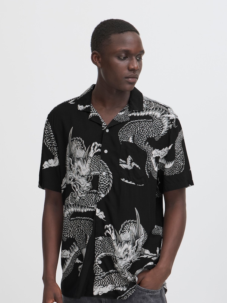 Blend Black Dragon Print Resort Short Sleeve Shirt - Image 1 of 5