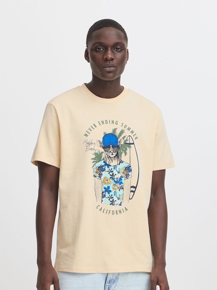 Blend Beige Deer Printed Short Sleeve T-Shirt - Image 1 of 5 Blend Beige Deer Printed Short Sleeve T-Shirt - Image 1 of 5