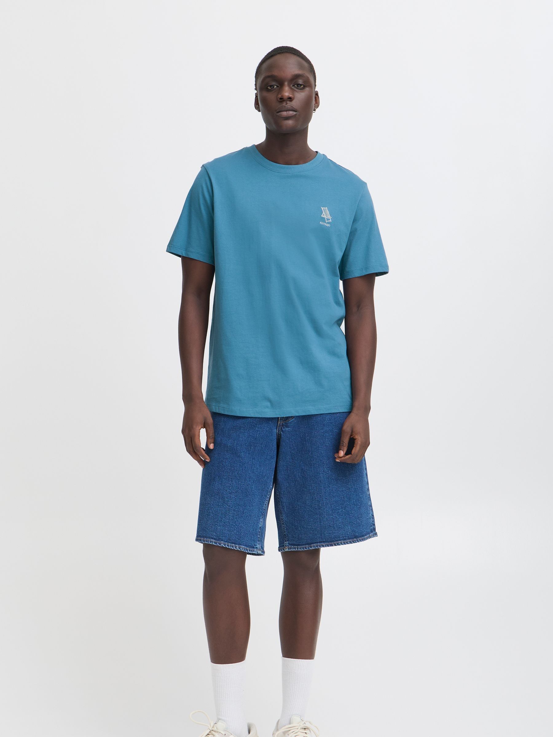 Buy Blend Blue Embroidered Short Sleeve 100% Cotton T-Shirt from
