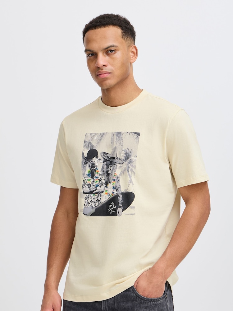 Blend Cream Holiday Printed Short Sleeve 100% Cotton T-Shirt - Image 1 of 5 Blend Cream Holiday Printed Short Sleeve 100% Cotton T-Shirt - Image 1 of 5