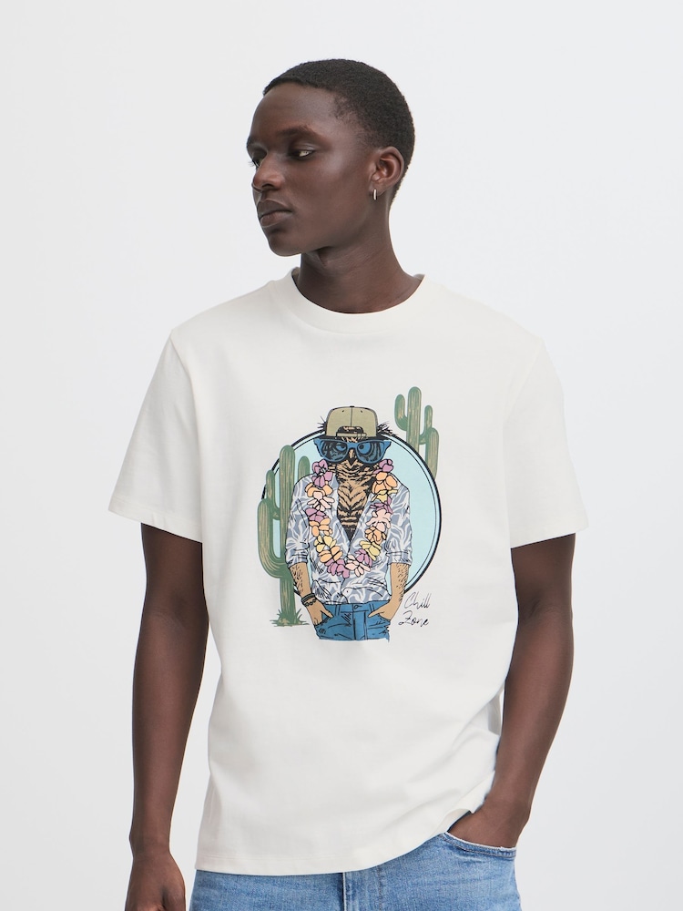 Blend White Owl Sloth Printed Short Sleeve 100% Cotton T-Shirt - Image 1 of 5