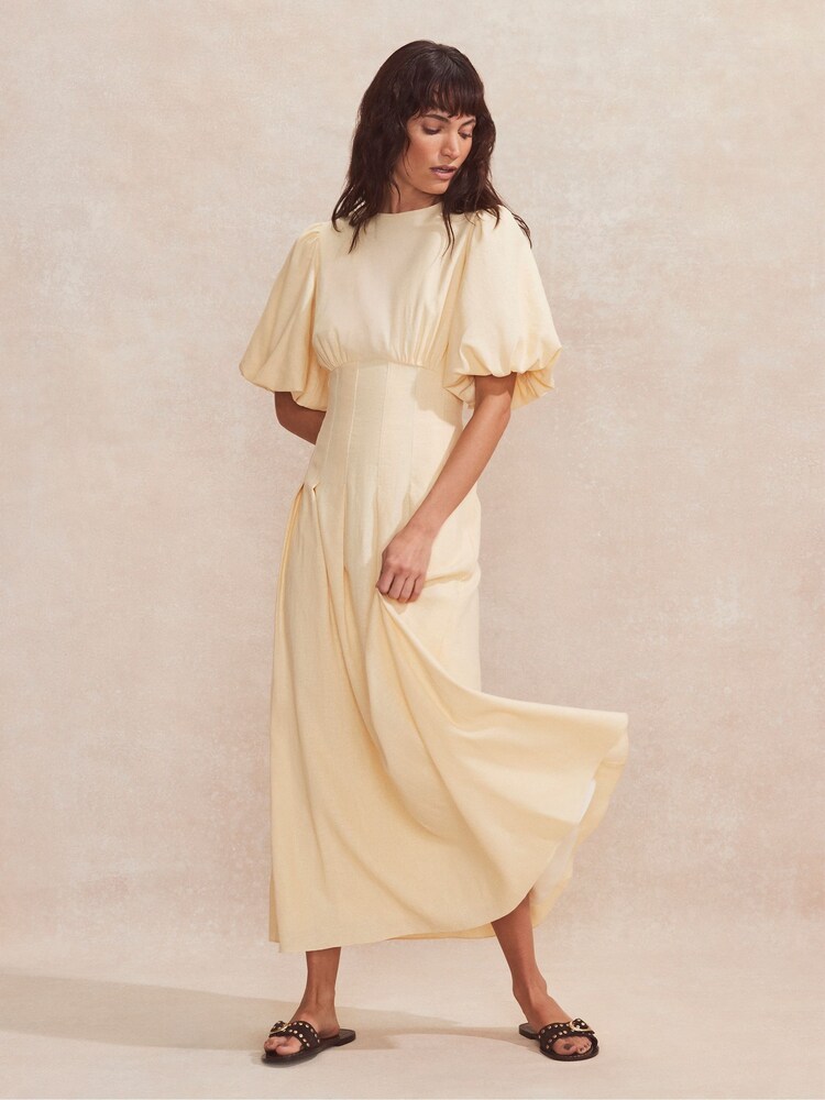 Ro&Zo Natural Buttermilk Pleat Detail Linen Blend Dress