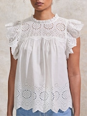 Ro&Zo Broderie Flutter Sleeve 100% Cotton Top - Imagen 2 de 4