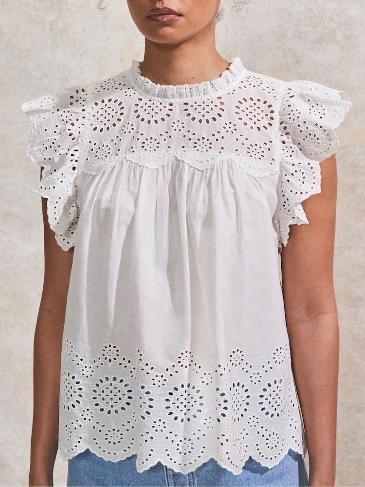 Ro&Zo Broderie Flutter Sleeve 100% Cotton Top - Imagen 2 de 4