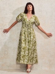 Ro&Zo Green Leaf Print 100% Cotton Tie Detail Dress - Image 2 of 6