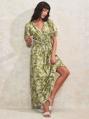 Ro&Zo Green Leaf Print 100% Cotton Tie Detail Dress - Image 3 of 6