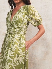 Ro&Zo Green Leaf Print 100% Cotton Tie Detail Dress - Image 4 of 6