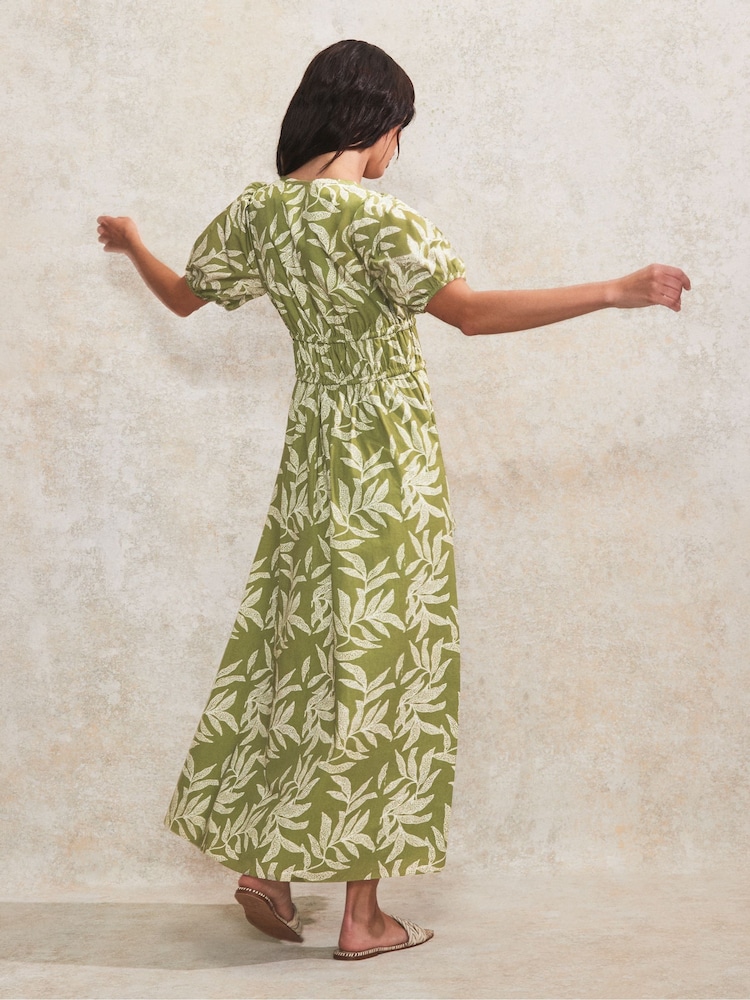 Ro&Zo Green Leaf Print 100% Cotton Tie Detail Dress - Image 6 of 6