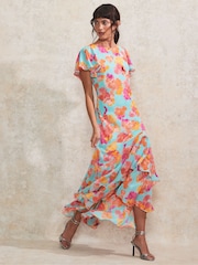 Ro&Zo Blue Blurred Floral Frill Sleeve Petite Dress - Image 1 of 6
