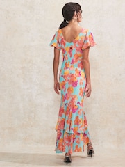 Ro&Zo Blue Blurred Floral Frill Sleeve Petite Dress - Image 6 of 6
