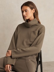 Reiss Khaki Green Iris Interlock Jersey Funnel Neck Sweatshirt - Image 1 of 6