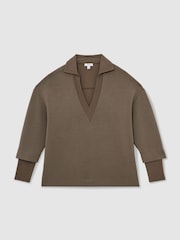 Reiss Khaki Green Bernie Interlock Open Collar Sweatshirt - Image 2 of 7